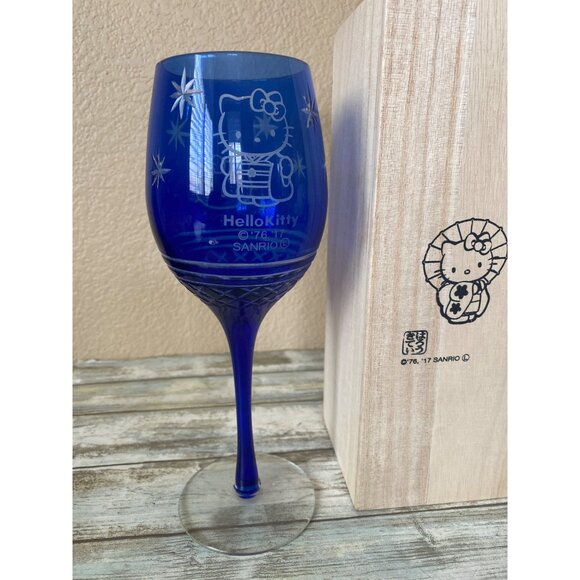 Hello Kitty Edo Kiriko Cobalt Blue Cut Glass w/ Wooden Box Sanrio Japan 2017 - Picture 2 of 12